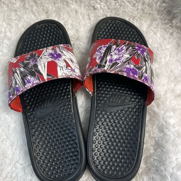 Nike Benassi Red with purple ,white &gray floral prints slides size 9 - Picture 4 of 9
